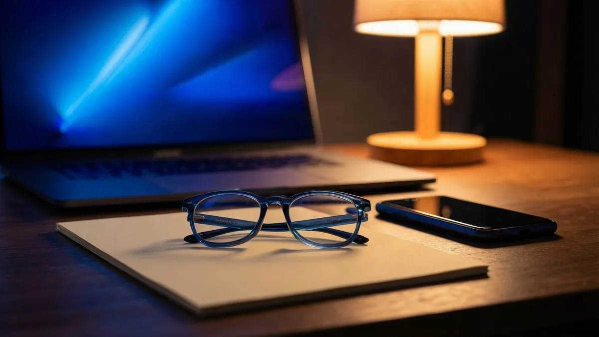 Gafas azules sobre un cuaderno blanco, junto a un teléfono y una laptop abierta bajo la luz de una lámpara.